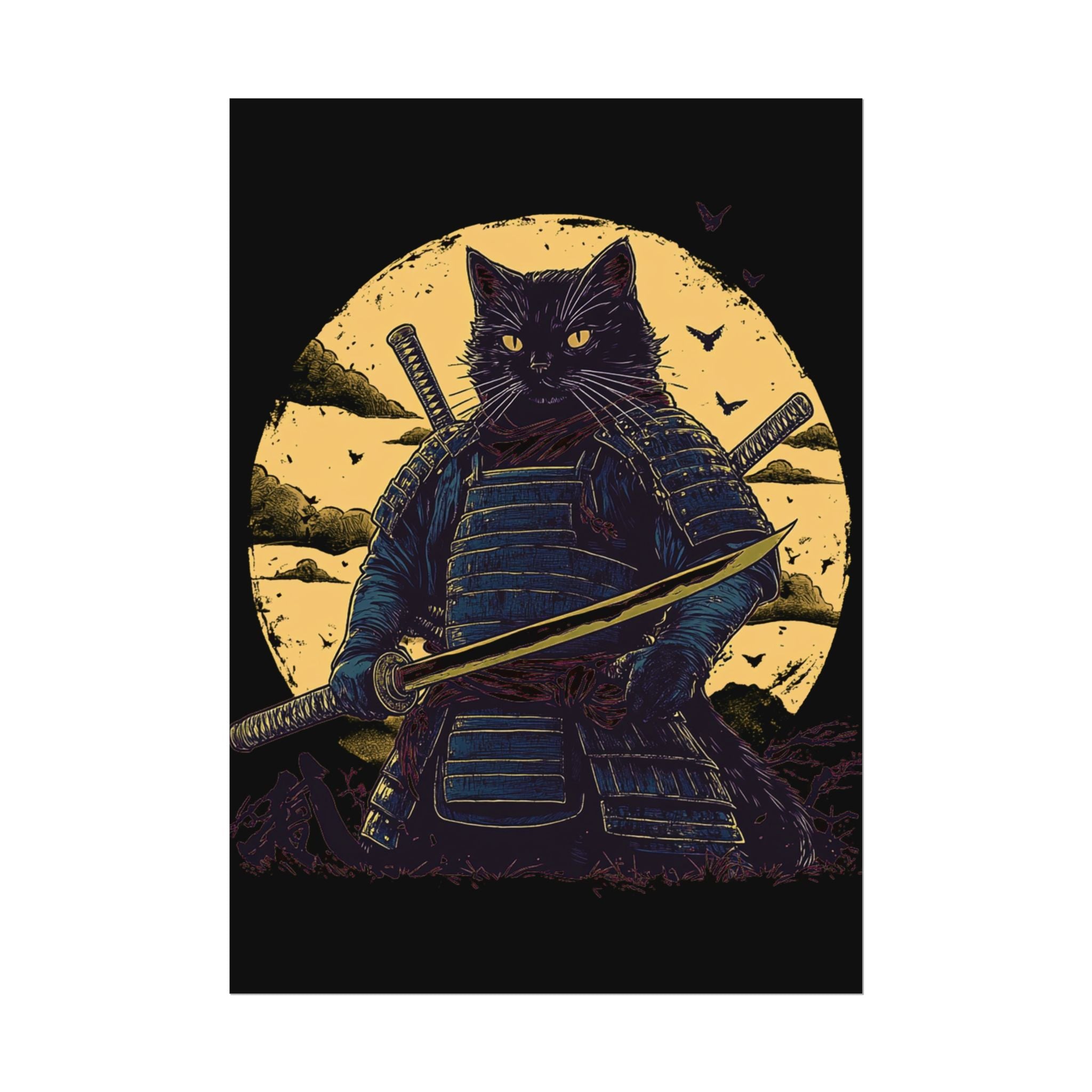 retro-wall-art-samurai-cat-japanese-style-sunset-rolled-posters-home-decor-wall-hanging-poster-gift-japanese-art-poster