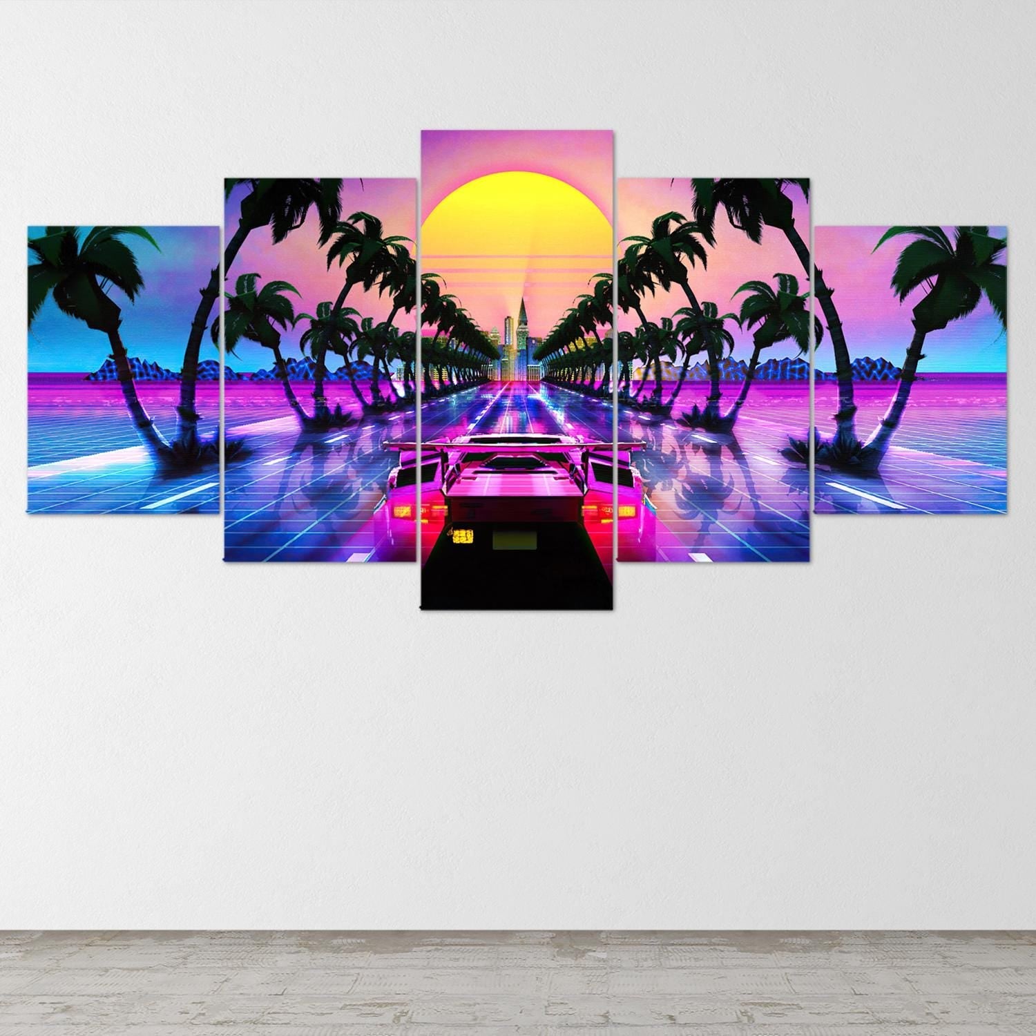 vaporwave-car-sunset-5-piece-canvas-wall-art-synthwave-wall-decor-for-bedroom-and-living-room-retrowave-wall-art-5-panel-larg