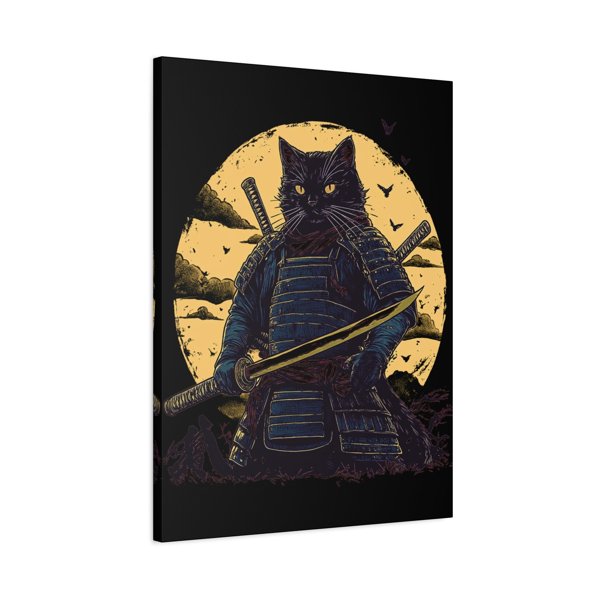 canvas-wall-art-samurai-cat-japanese-style-sunset-retro-wall-decor-stretched-matte-canvas-wall-hanging-home-decor-retro-wall-