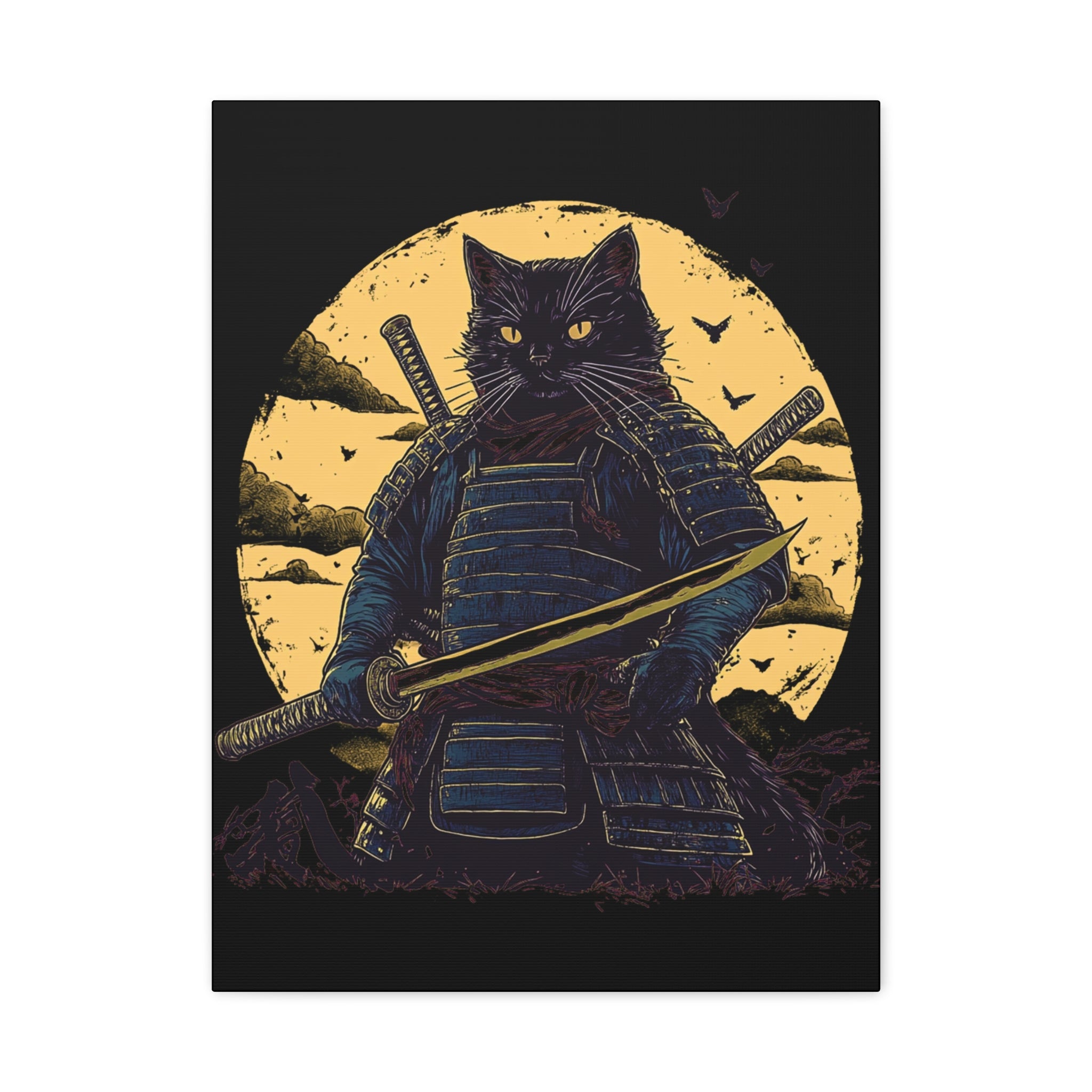 canvas-wall-art-samurai-cat-japanese-style-sunset-retro-wall-decor-stretched-matte-canvas-wall-hanging-home-decor-retro-wall-