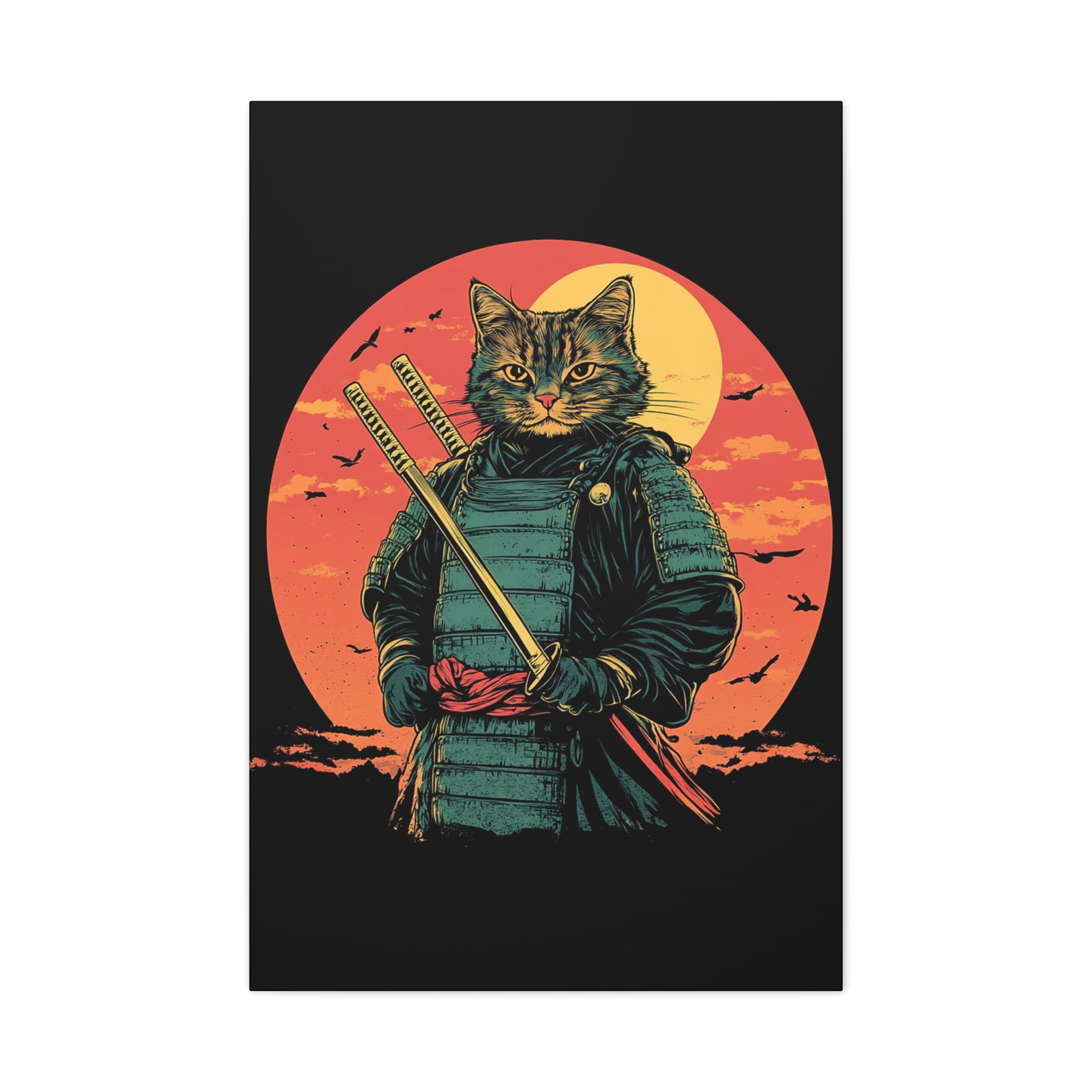 canvas-wall-art-samurai-cat-japanese-style-sunset-retro-wall-decor-stretched-matte-canvas-wall-hanging-home-decor-retro-wall-