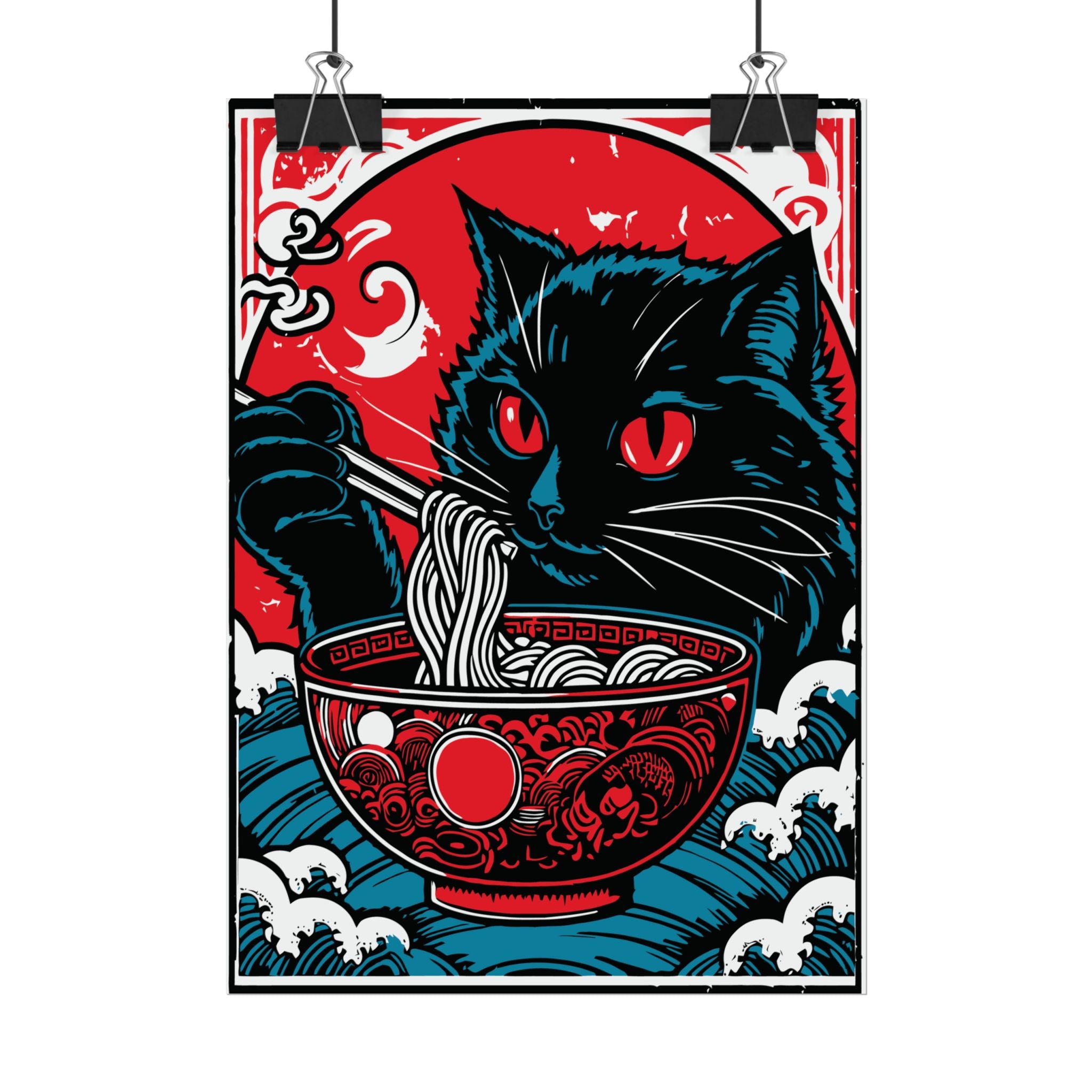 Cat Eating Ramen Noodle Poster Print, Retro Japanese Decor Wall Art, Living Room Decoration, Japandi Poster Art, Home Decor, Cute Cat