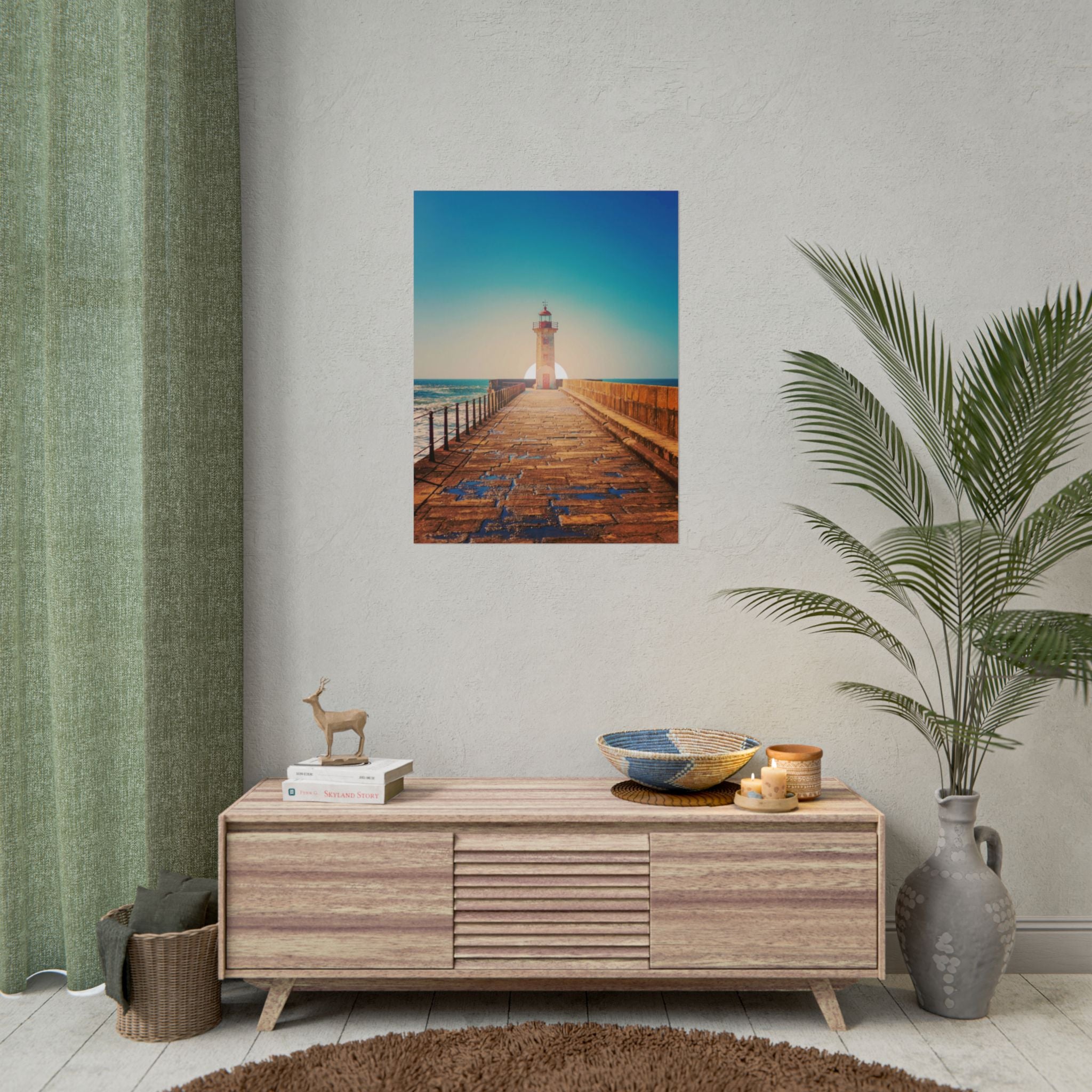 lighthouse-on-rock-poster-print-coastal-wall-art-nautical-decor-beach-house-decoration-seaside-wall-sunset-wall-decor