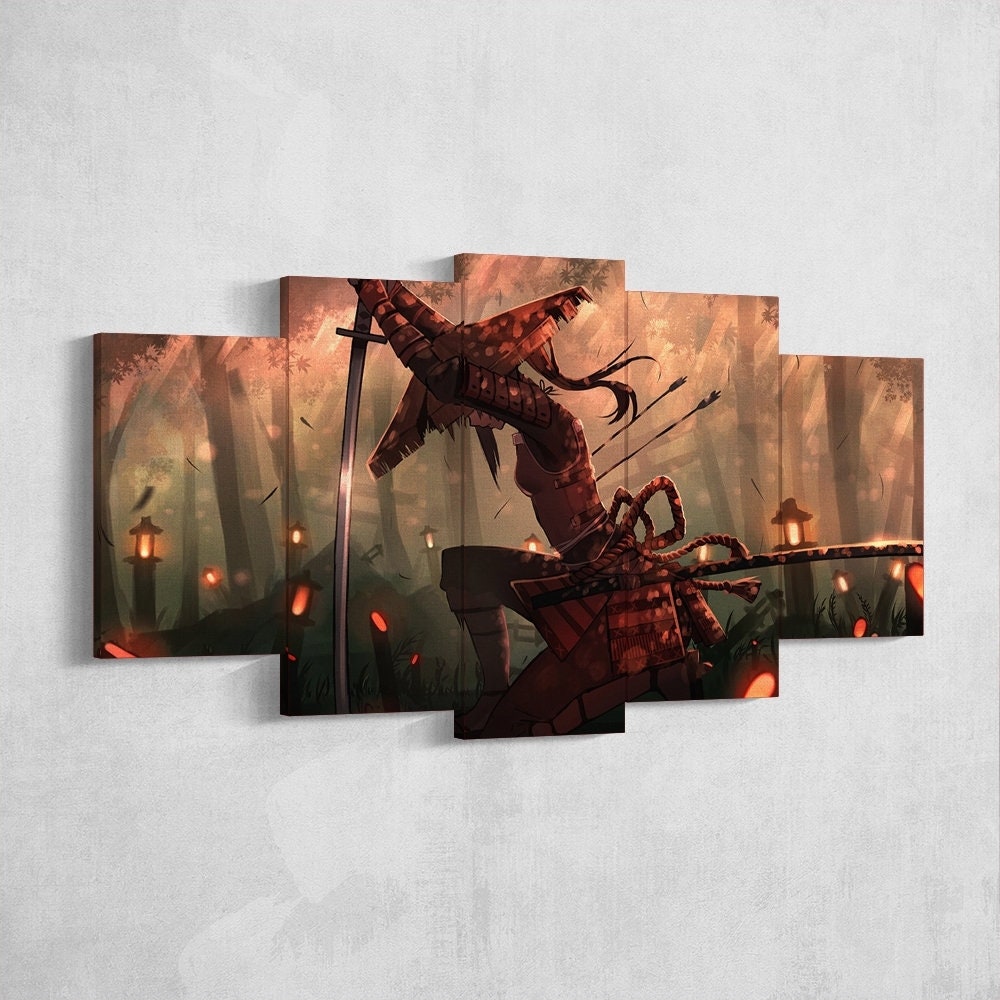 anime-samurai-girl-katana-5-piece-canvas-wall-art-samurai-art-canvas-art-extra-large-wall-art-anime-girl-poster-5-piece-5-pan