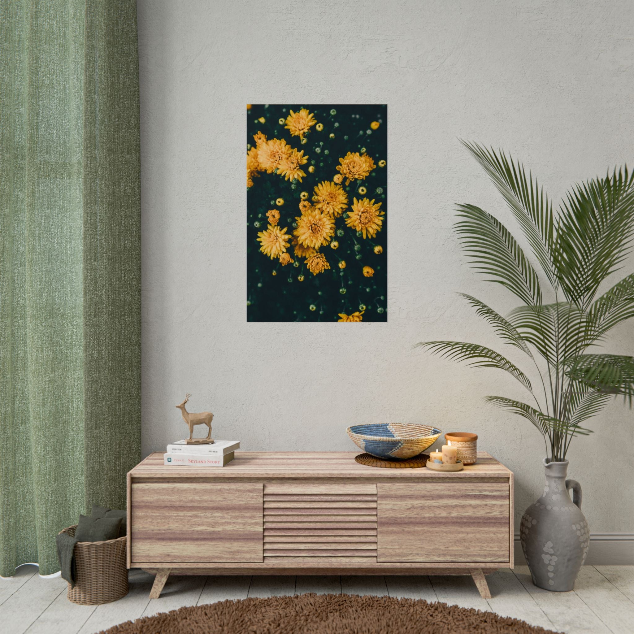 yellow-flower-art-poster-print-floral-wall-decor-floral-home-decor-gift-dark-botanical-art-print