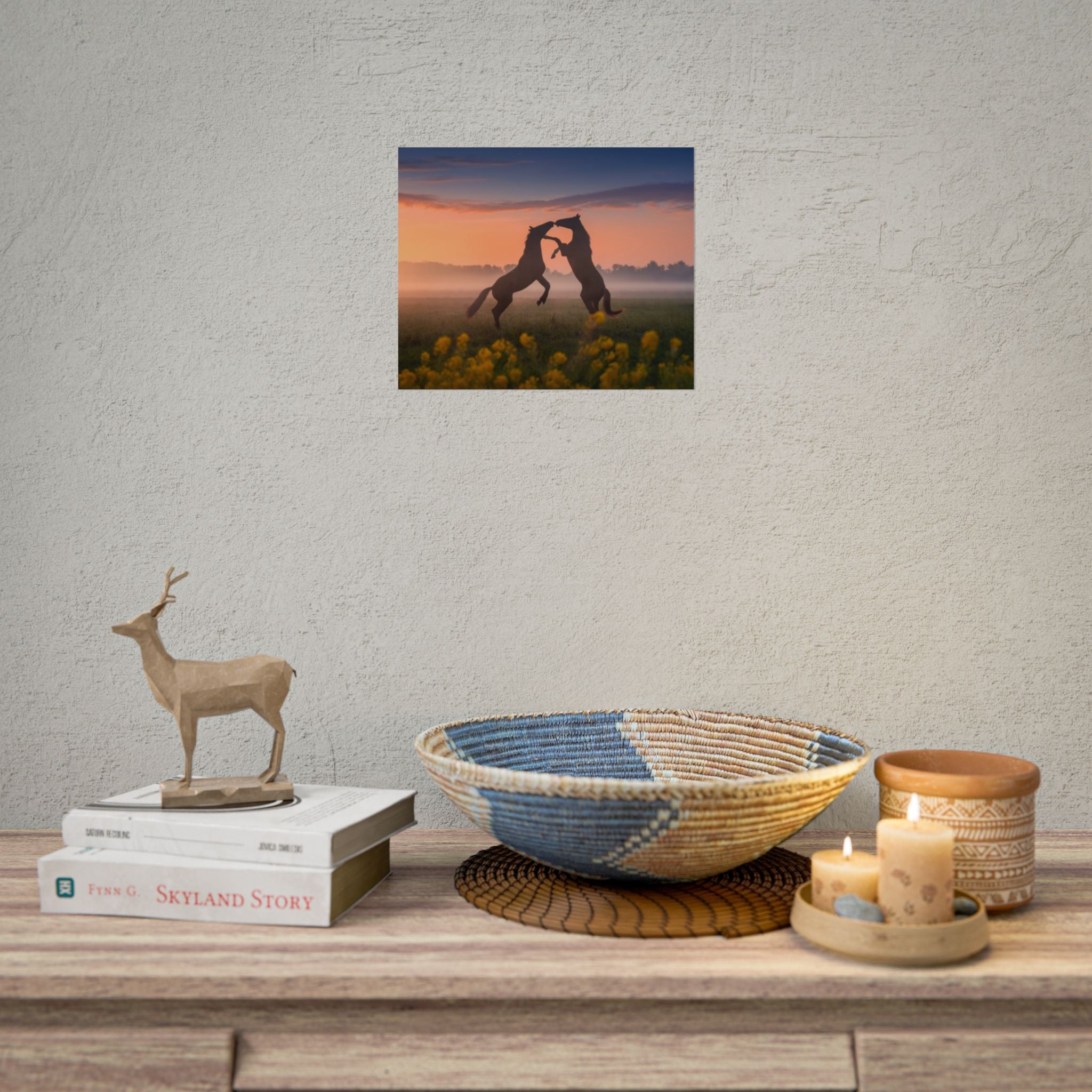 Wild Rising Horses Poster Print, Field of Flowers Decor, Home Decor, Farmhouse Wall Decor, Nature Wall Art, Horse Canvas Print, Mustang