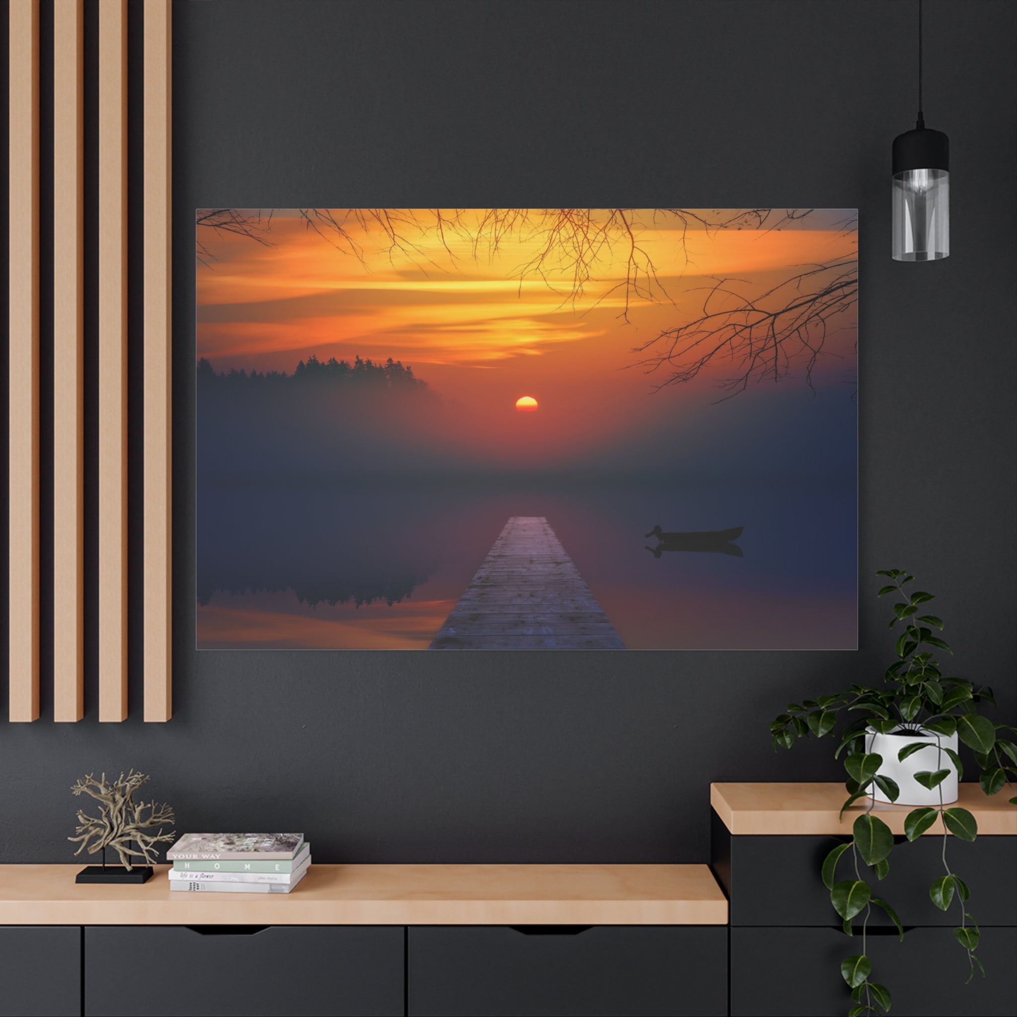 canvas-print-sunset-lake-nature-dock-wall-art-stretched-matte-canvas-home-decor-gift-for-nature-lovers-scenic-canvas-art