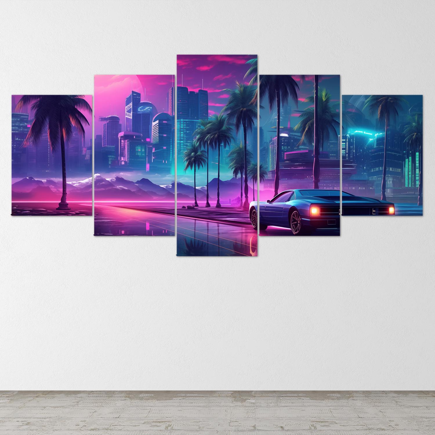 vaporwave-car-sunset-5-piece-canvas-wall-art-synthwave-wall-decor-for-bedroom-and-living-room-retrowave-wall-art-5-panel-larg