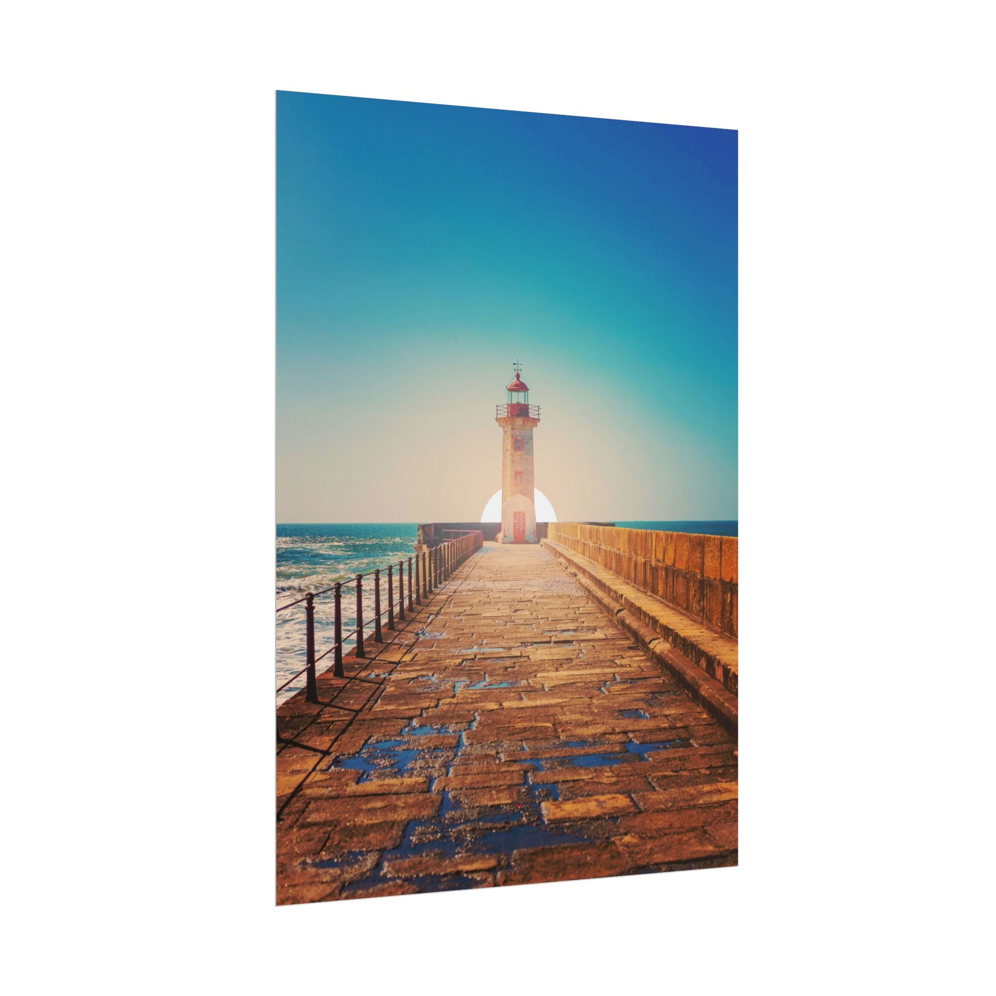 lighthouse-on-rock-poster-print-coastal-wall-art-nautical-decor-beach-house-decoration-seaside-wall-sunset-wall-decor