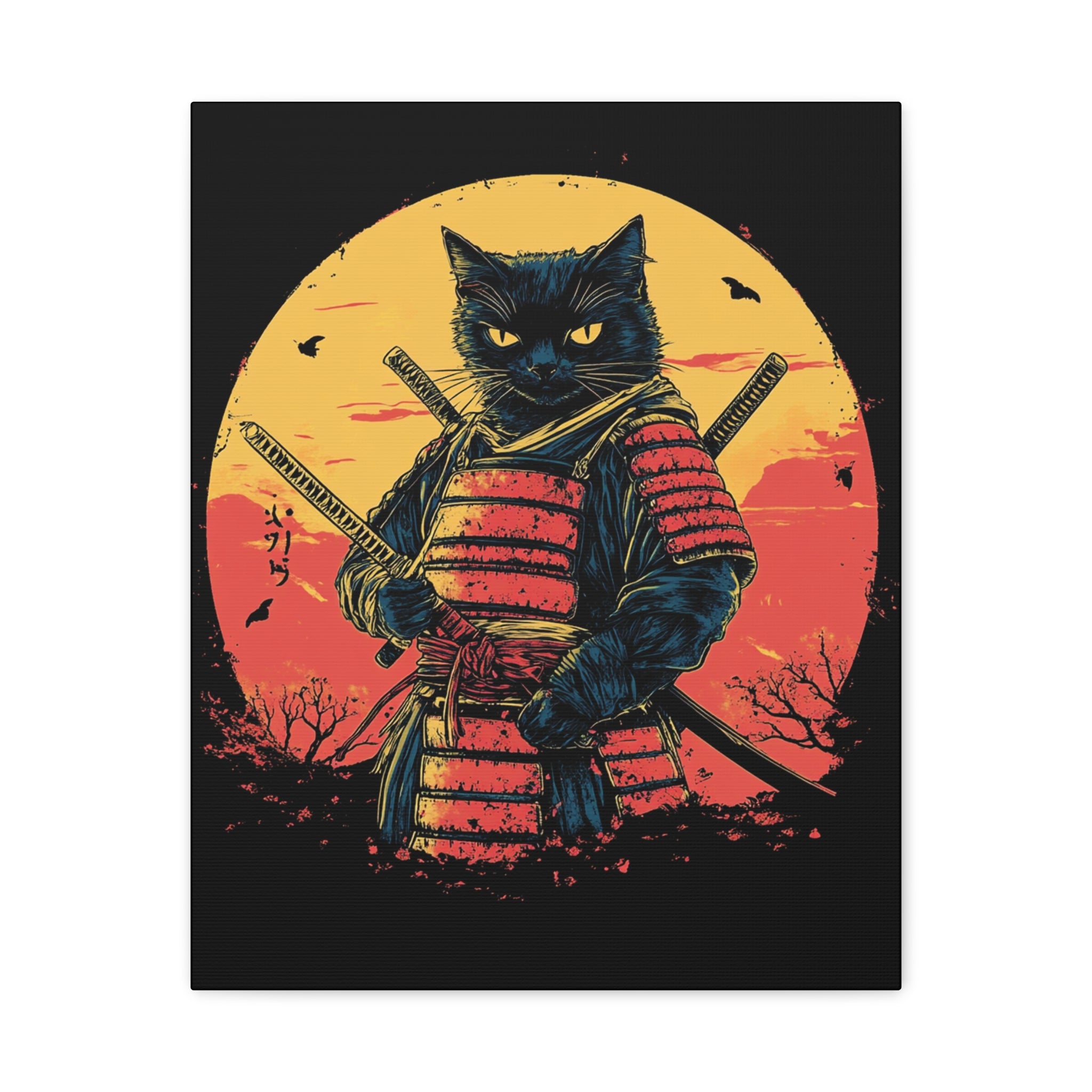 canvas-wall-art-samurai-cat-japanese-style-sunset-retro-wall-decor-stretched-matte-canvas-wall-hanging-home-decor-retro-wall-