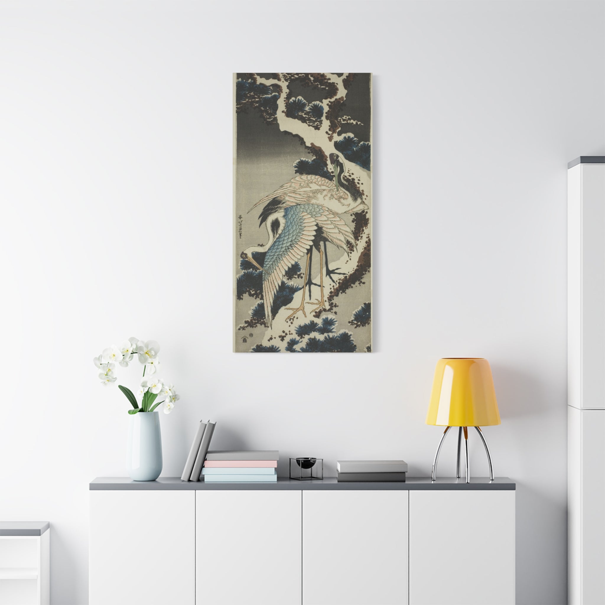 canvas-print-cranes-on-snow-covered-pine-katsushika-hokusai-art-japanese-art-decor-japanese-wall-art-matte-canvas