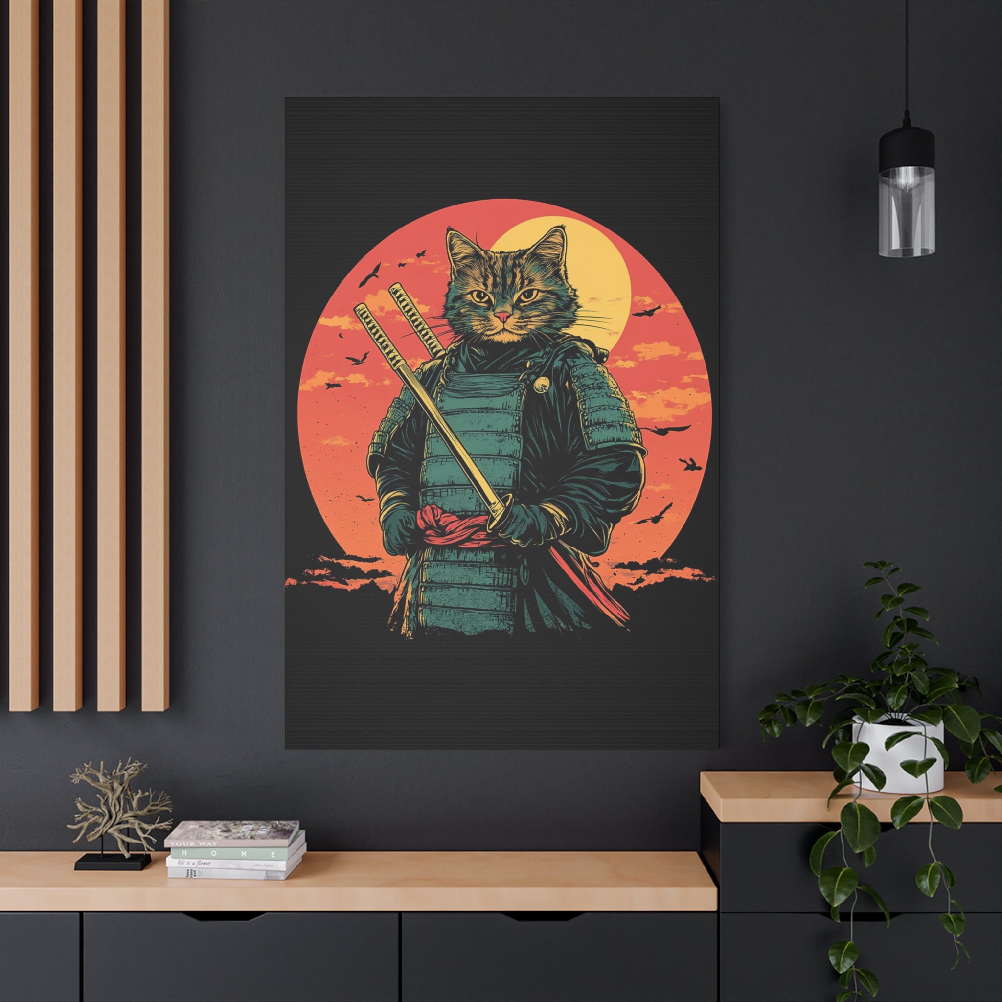 canvas-wall-art-samurai-cat-japanese-style-sunset-retro-wall-decor-stretched-matte-canvas-wall-hanging-home-decor-retro-wall-