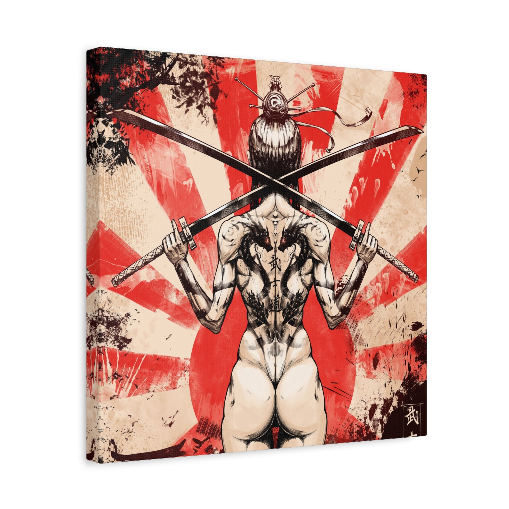 canvas-print-samurai-katana-dragon-tattoo-naked-woman-wall-decor-stretched-matte-japanese-art-asian-home-decoration-fantasy
