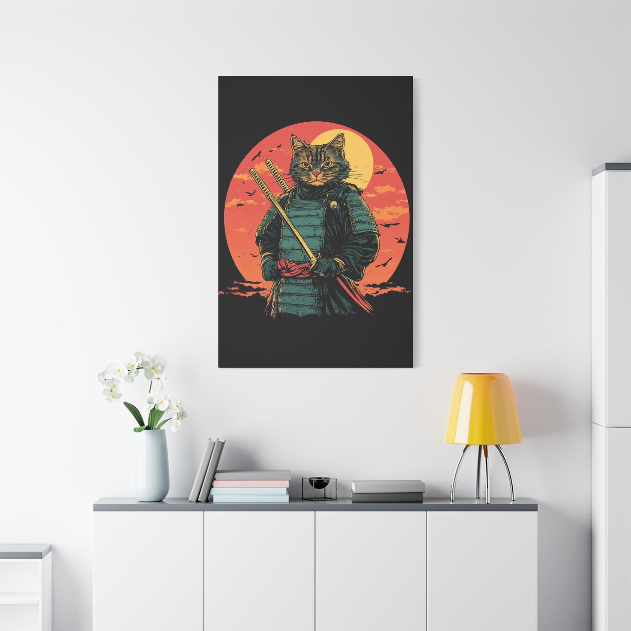 canvas-wall-art-samurai-cat-japanese-style-sunset-retro-wall-decor-stretched-matte-canvas-wall-hanging-home-decor-retro-wall-