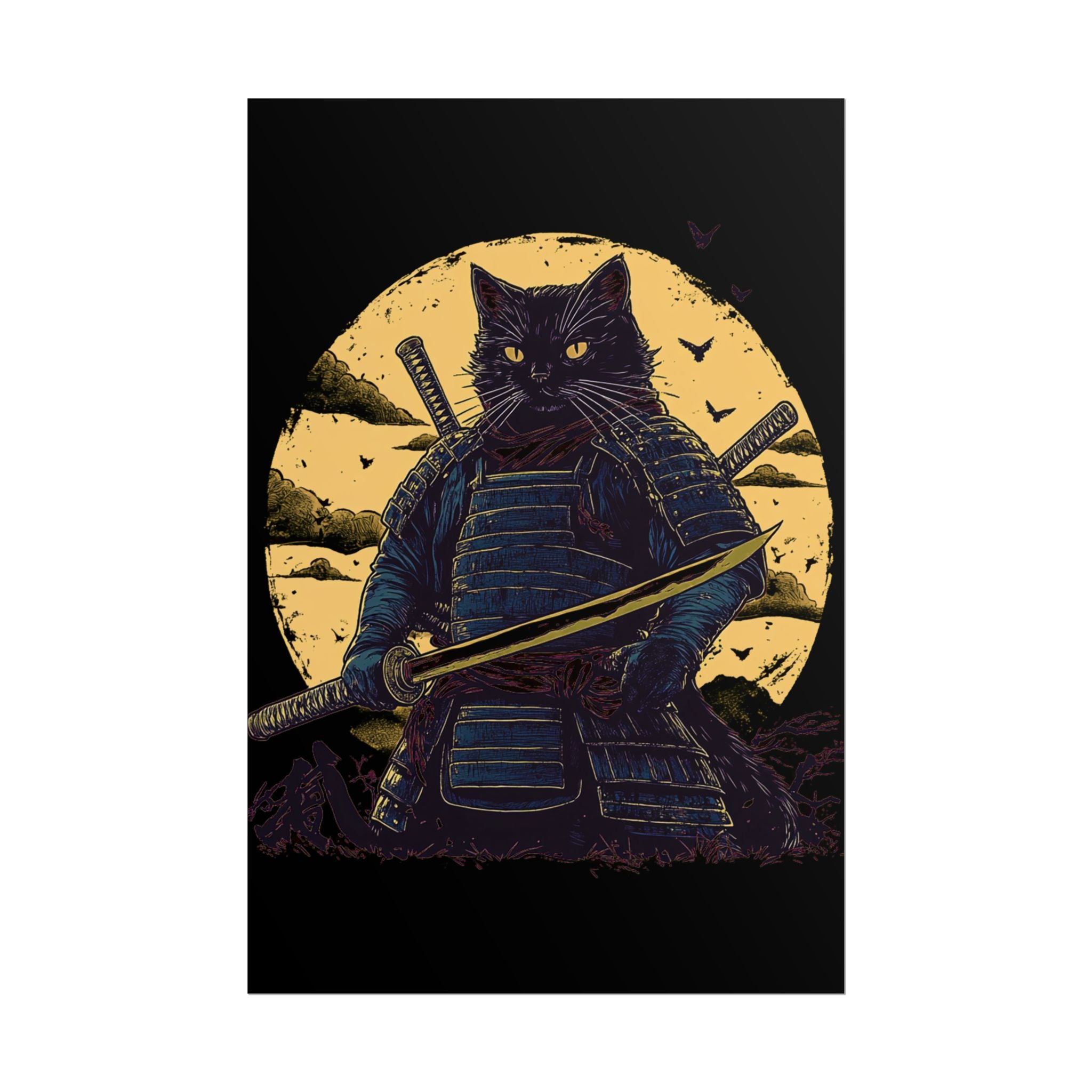retro-wall-art-samurai-cat-japanese-style-sunset-rolled-posters-home-decor-wall-hanging-poster-gift-japanese-art-poster