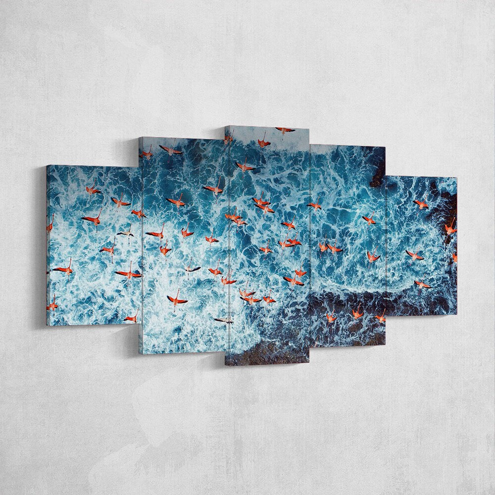 pink-flamingo-flying-ocean-scenery-aerial-wiew-5-piece-canvas-extra-large-wall-art-flamingo-wallpaper-poster-art-5-piece-5-pa