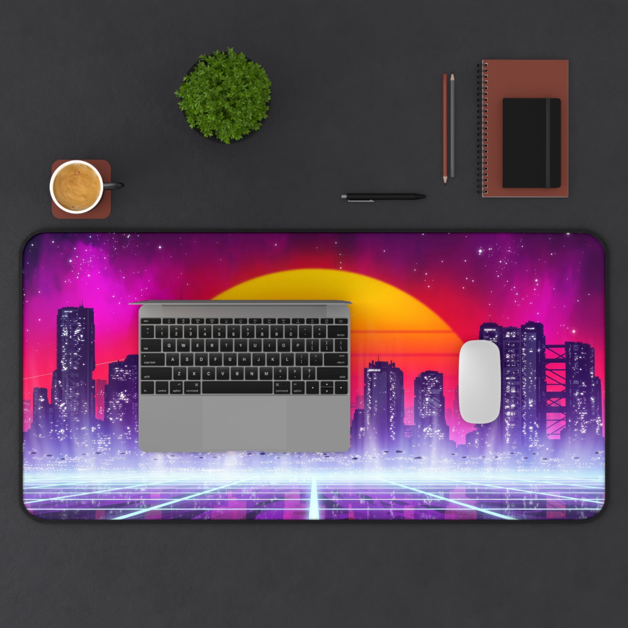 sci-fi-city-vaporwave-mouse-pad-retrowave-city-delorean-desk-mat-neon-synthwave-desk-pad-vaporwave-sun