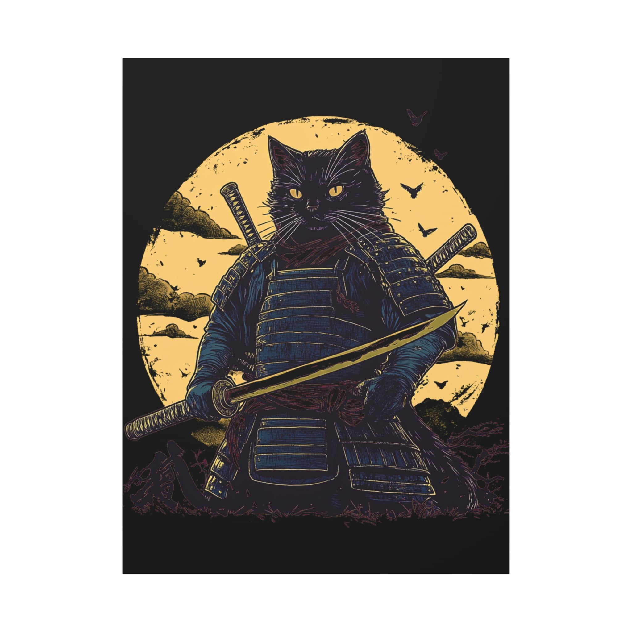 canvas-wall-art-samurai-cat-japanese-style-sunset-retro-wall-decor-stretched-matte-canvas-wall-hanging-home-decor-retro-wall-
