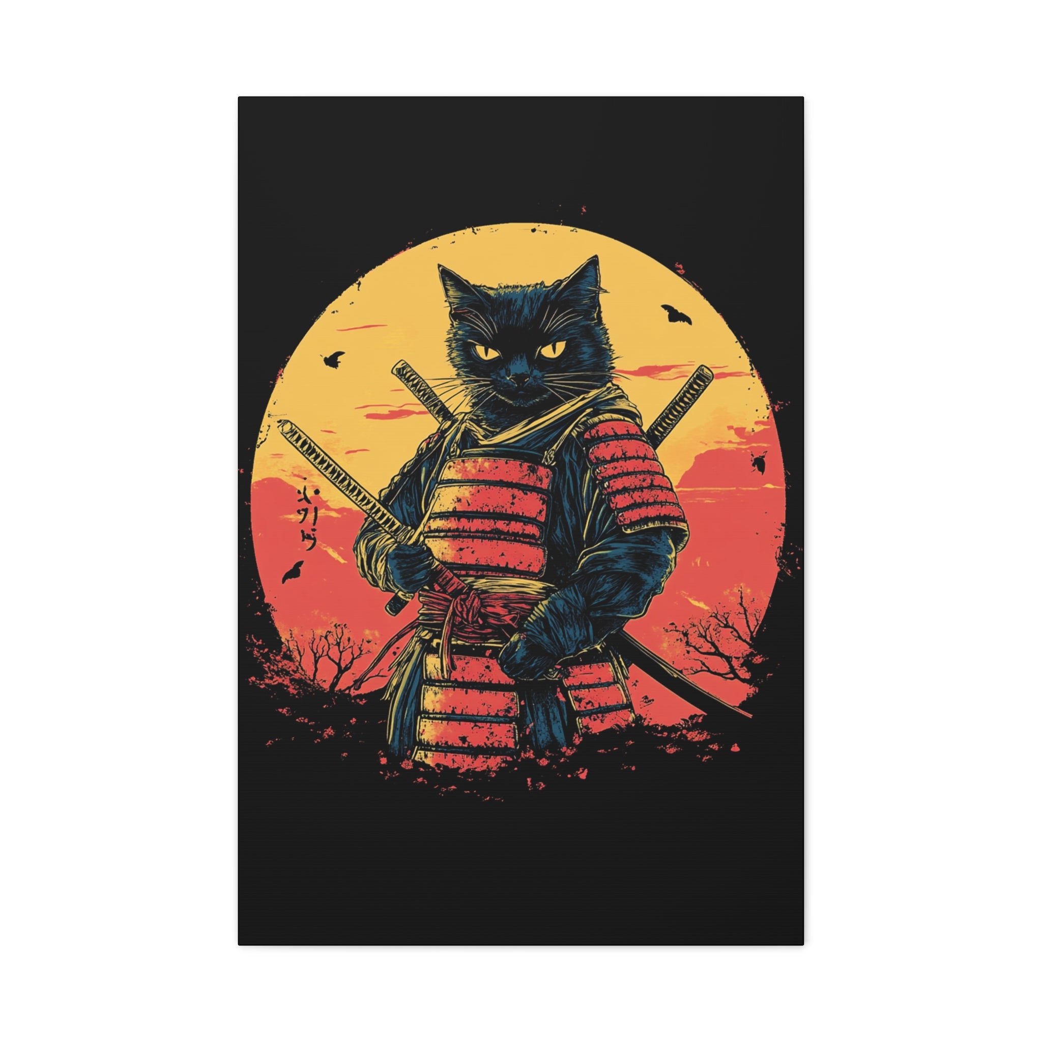 canvas-wall-art-samurai-cat-japanese-style-sunset-retro-wall-decor-stretched-matte-canvas-wall-hanging-home-decor-retro-wall-