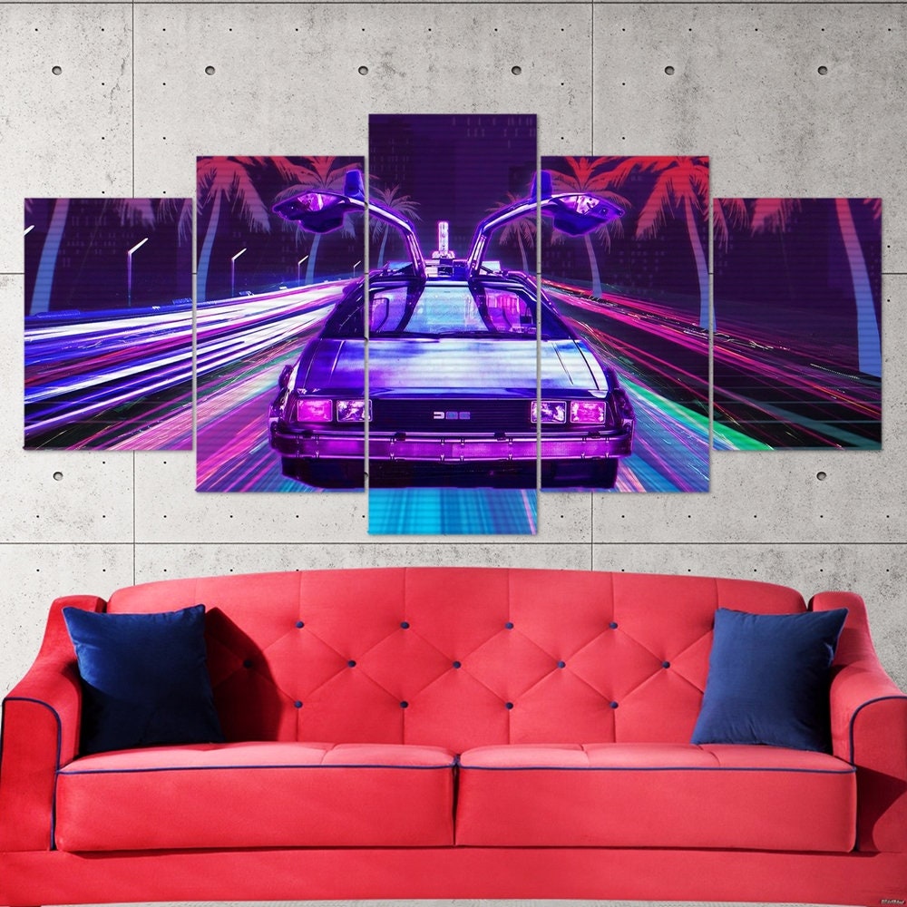 back-to-the-future-delorean-5-piece-canvas-wall-art-synthwave-retrowave-cyberpunk-delorean-decor-art-extra-large-wall-art-pos