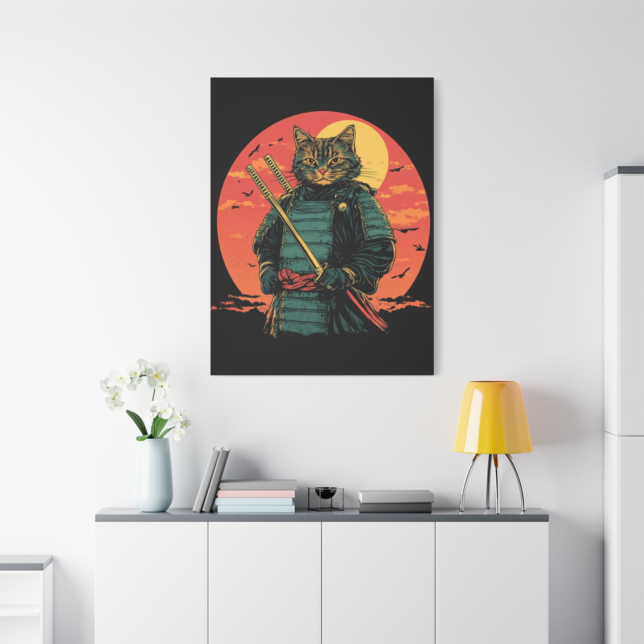 canvas-wall-art-samurai-cat-japanese-style-sunset-retro-wall-decor-stretched-matte-canvas-wall-hanging-home-decor-retro-wall-