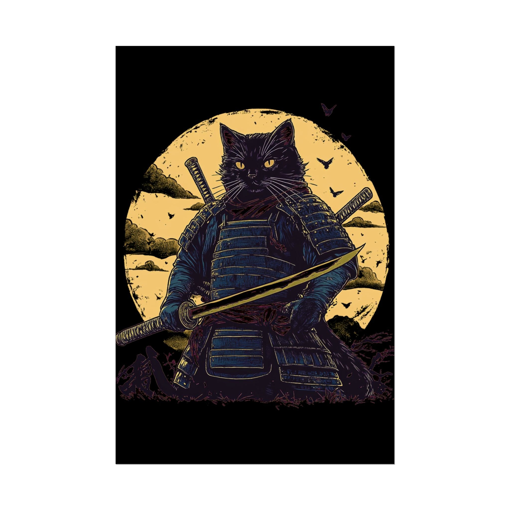 retro-wall-art-samurai-cat-japanese-style-sunset-rolled-posters-home-decor-wall-hanging-poster-gift-japanese-art-poster