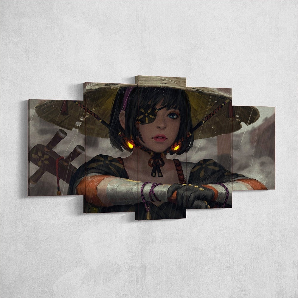 anime-samurai-girl-katana-5-piece-canvas-wall-art-samurai-art-canvas-art-extra-large-wall-art-anime-girl-poster-5-piece-5-pan