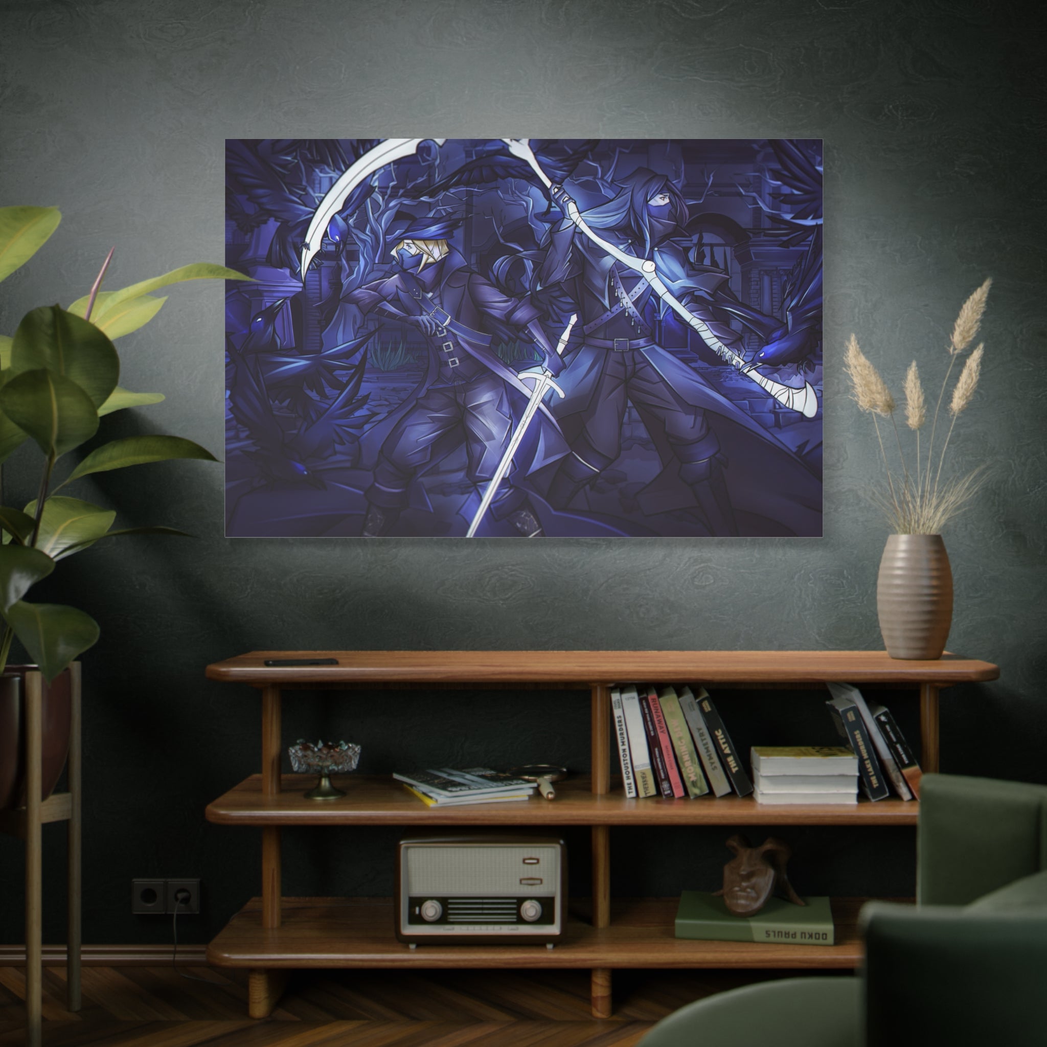 Bloodborne The Hunter Old Blood Matte Canvas Wall Art — Crow Cloak Bird Sword - Stretched Home Decor, Game Wall Print