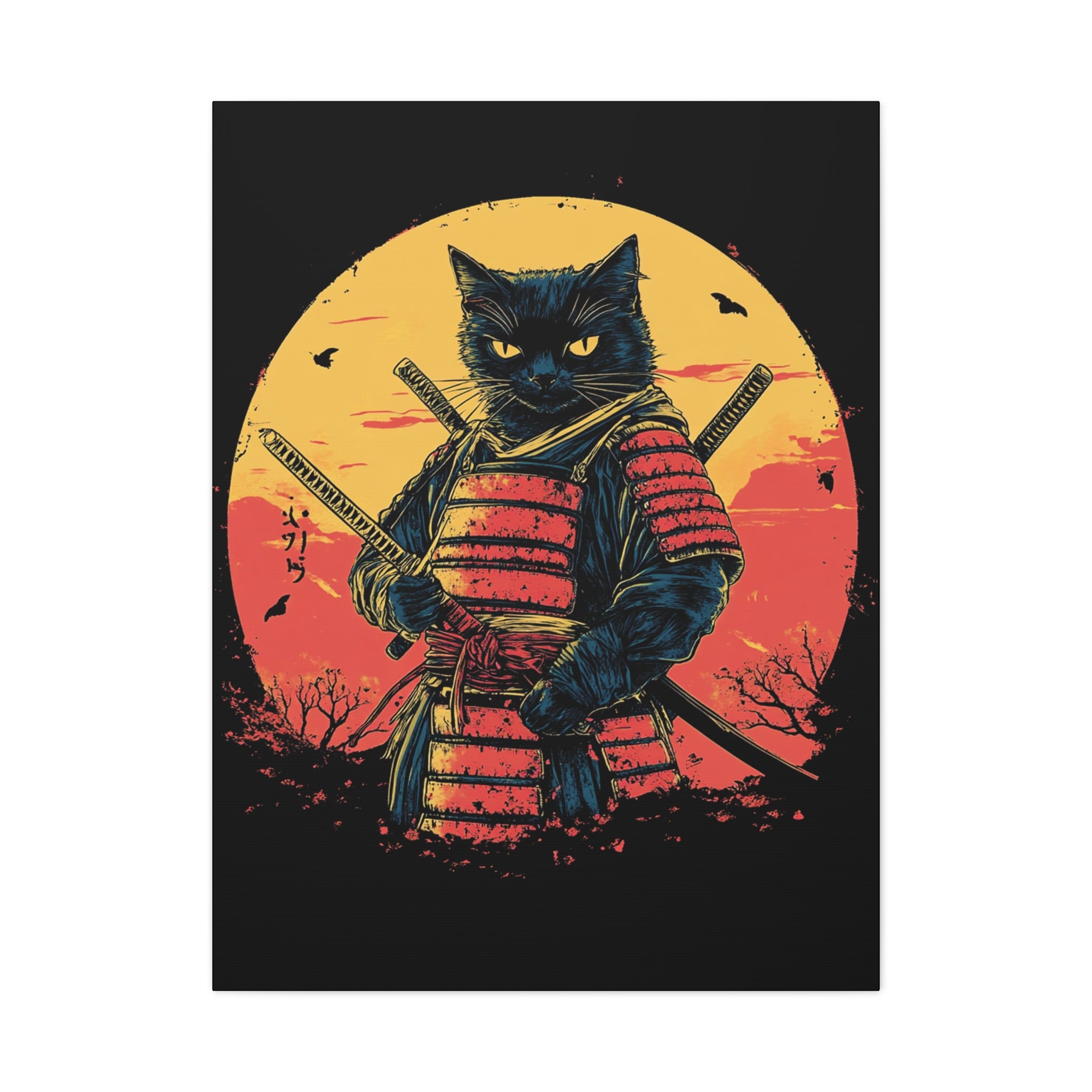 canvas-wall-art-samurai-cat-japanese-style-sunset-retro-wall-decor-stretched-matte-canvas-wall-hanging-home-decor-retro-wall-