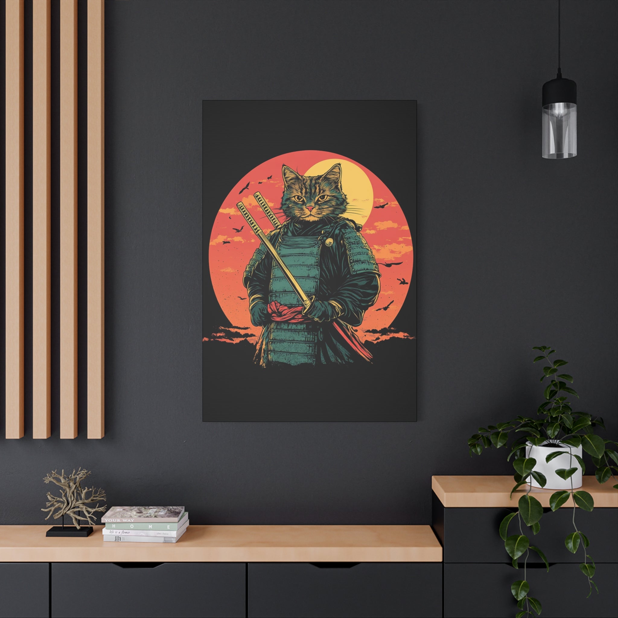 canvas-wall-art-samurai-cat-japanese-style-sunset-retro-wall-decor-stretched-matte-canvas-wall-hanging-home-decor-retro-wall-
