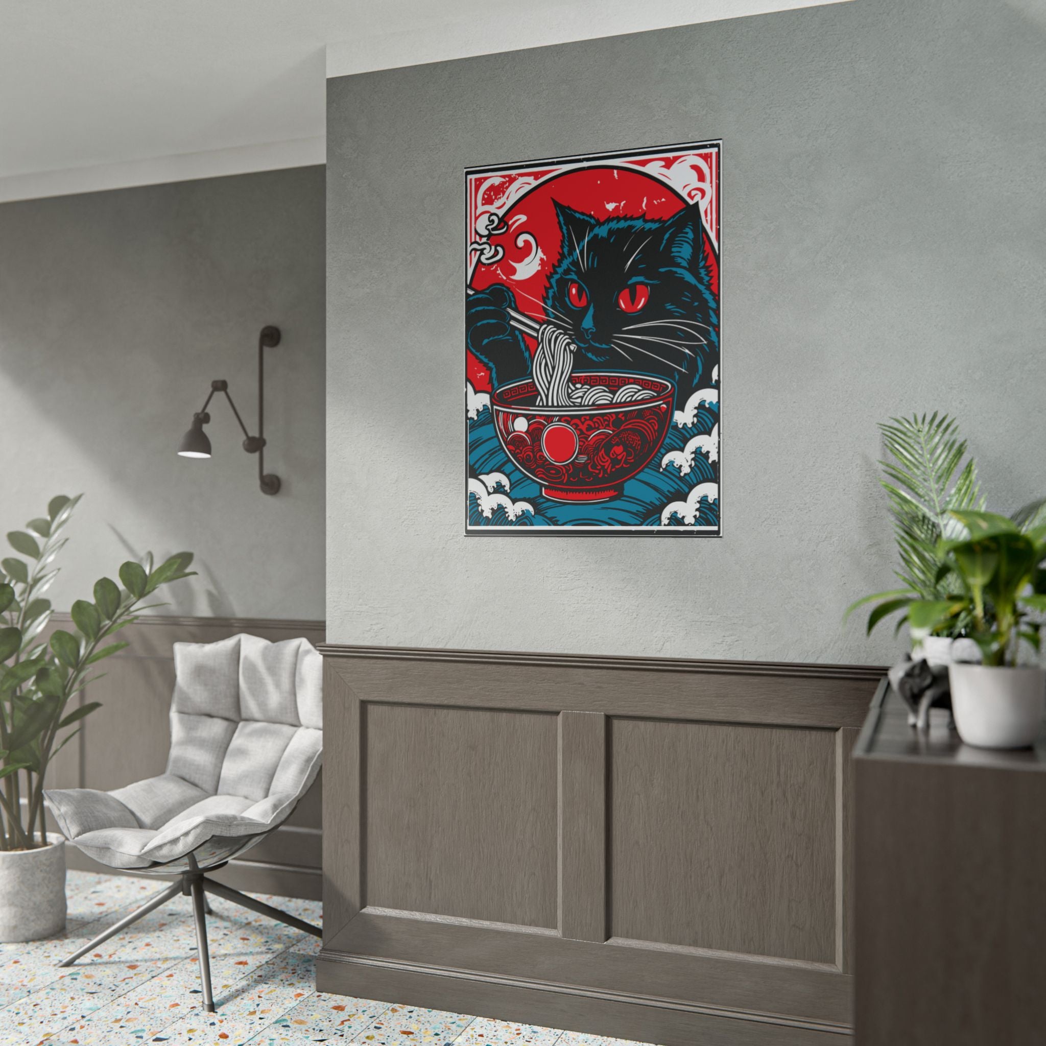 Cat Eating Ramen Noodle Poster Print, Retro Japanese Decor Wall Art, Living Room Decoration, Japandi Poster Art, Home Decor, Cute Cat