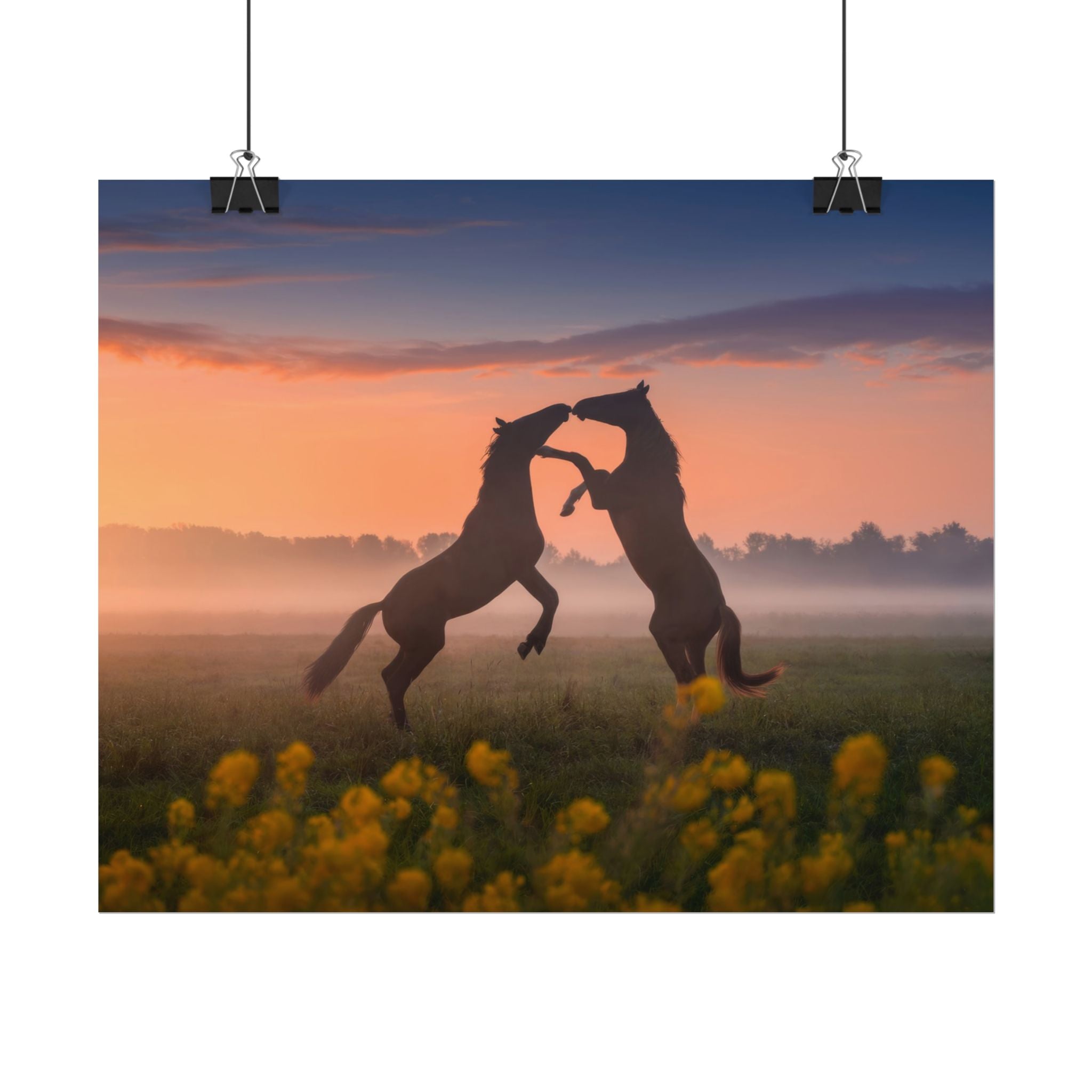 Wild Rising Horses Poster Print, Field of Flowers Decor, Home Decor, Farmhouse Wall Decor, Nature Wall Art, Horse Canvas Print, Mustang