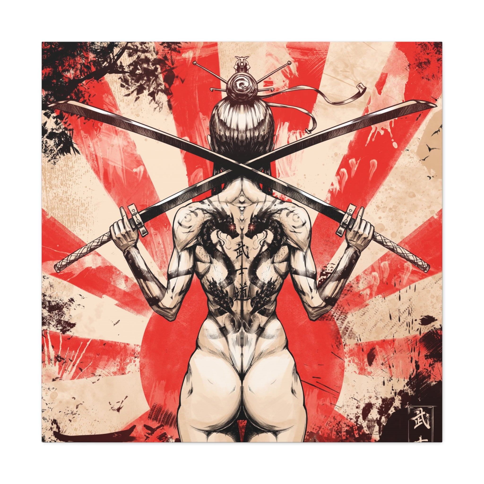 canvas-print-samurai-katana-dragon-tattoo-naked-woman-wall-decor-stretched-matte-japanese-art-asian-home-decoration-fantasy