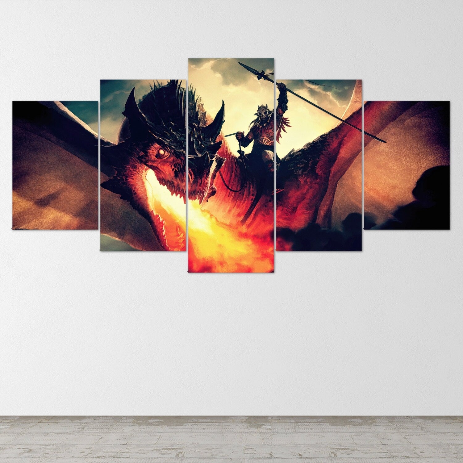dragon-fire-fantasy-dragon-age-5-piece-canvas-wall-art-dragon-canvas-art-extra-large-wall-art-dragon-poster-5-piece-5-panel-5