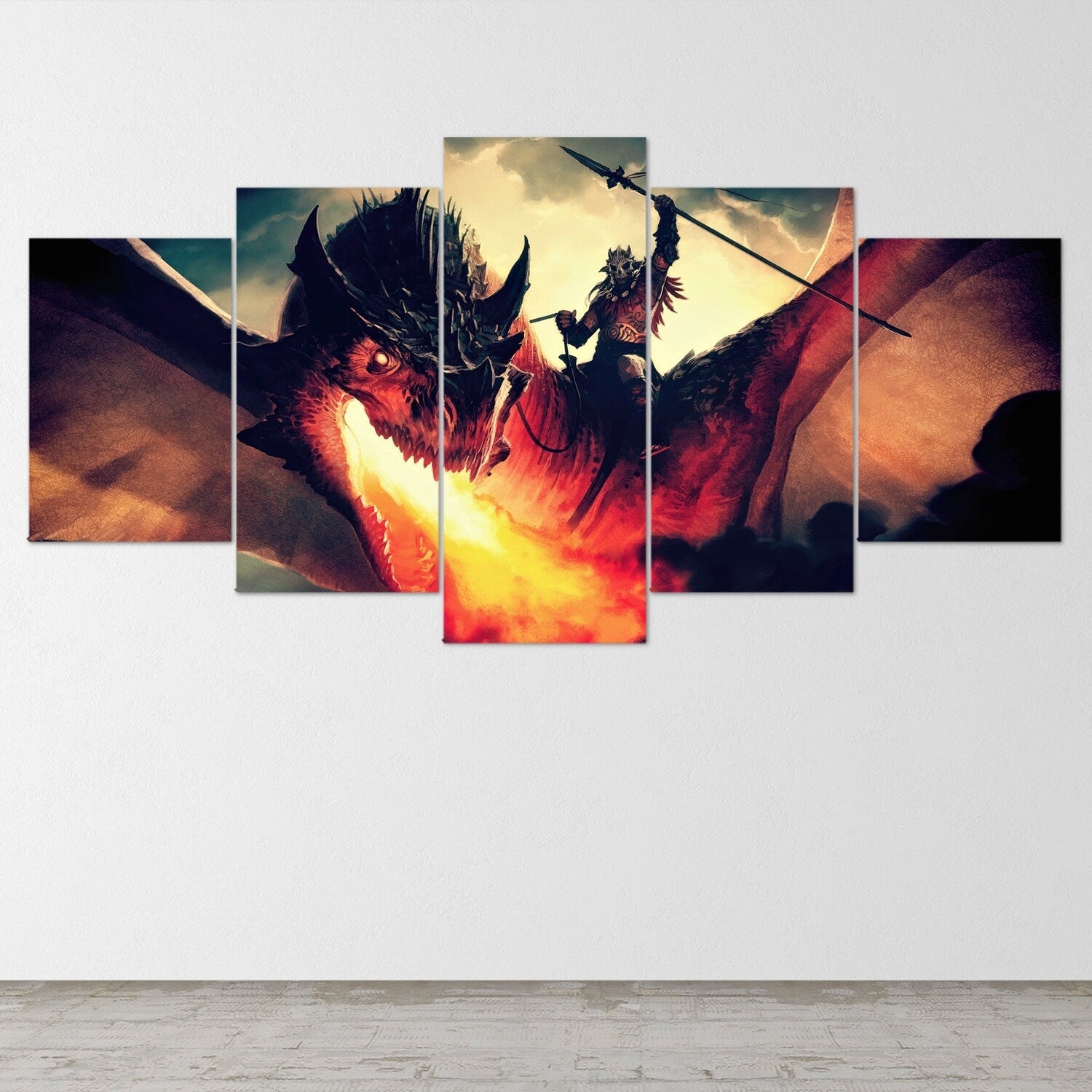 dragon-fire-fantasy-dragon-age-5-piece-canvas-wall-art-dragon-canvas-art-extra-large-wall-art-dragon-poster-5-piece-5-panel-5