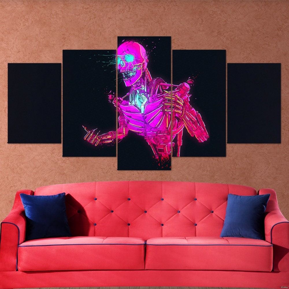robot-skeleton-scifi-digital-art-5-piece-canvas-neon-art-retrowave-synthwave-wall-art-5-panel-canvas-art-poster-gift