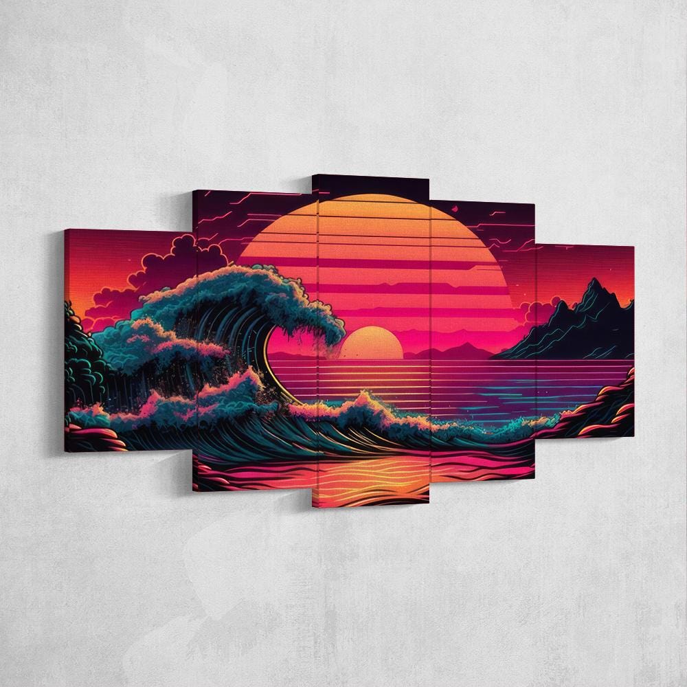 vaporwave-waves-sunset-5-piece-canvas-wall-art-synthwave-wall-decor-for-bedroom-and-living-room-retrowave-wall-art-5-panel-la