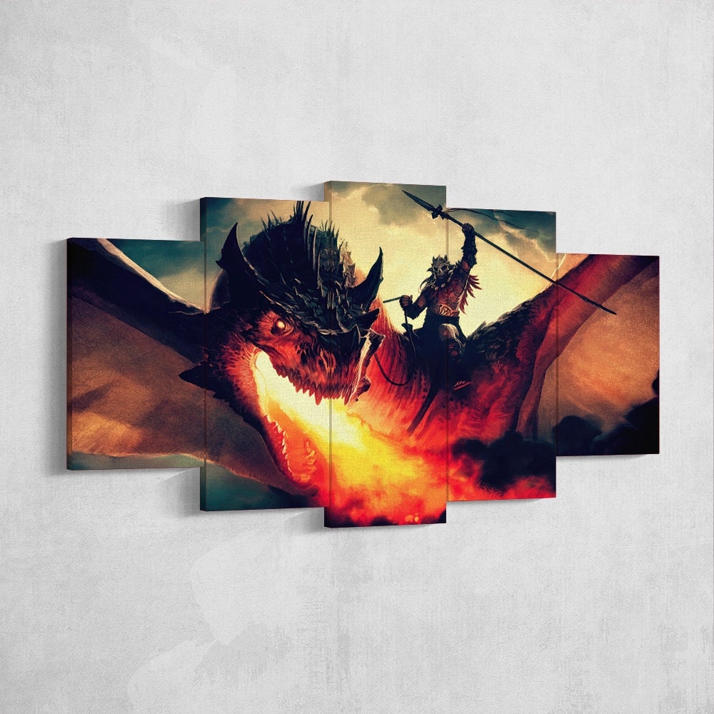 dragon-fire-fantasy-dragon-age-5-piece-canvas-wall-art-dragon-canvas-art-extra-large-wall-art-dragon-poster-5-piece-5-panel-5