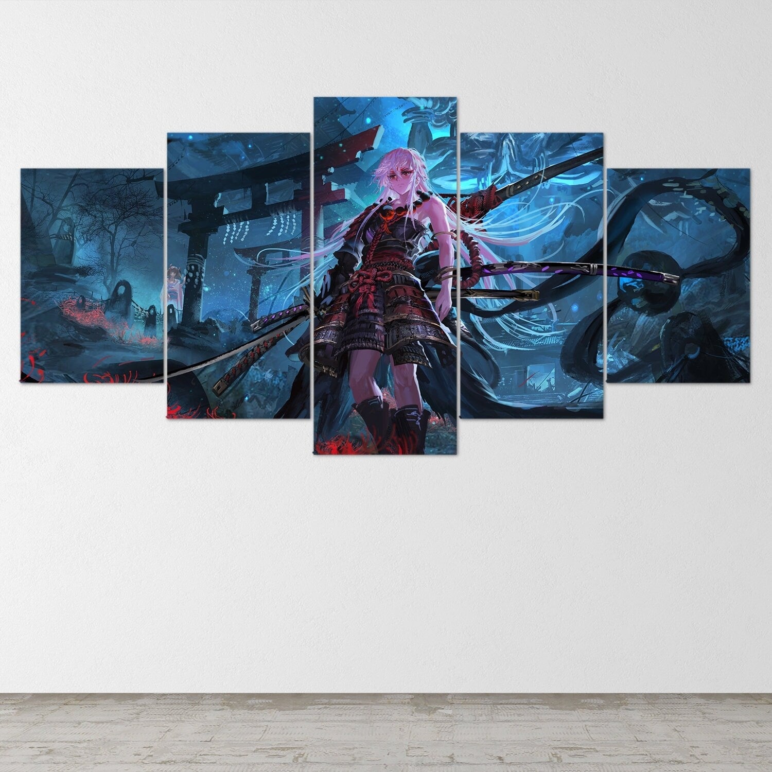 anime-samurai-girl-katana-5-piece-canvas-wall-art-samurai-art-canvas-art-extra-large-wall-art-anime-girl-poster-5-piece-5-pan